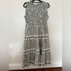 Crown & Ivy Striped Green and White Smocked Sleeveless Dress Size 16